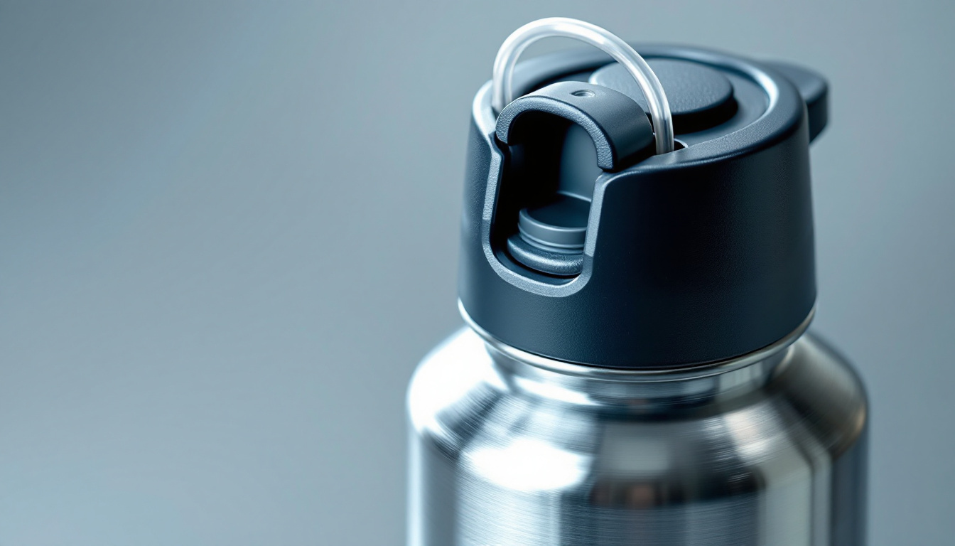 Close-up view of plastic lid mechanisms on insulated stainless steel water bottles, illustrating polypropylene parts