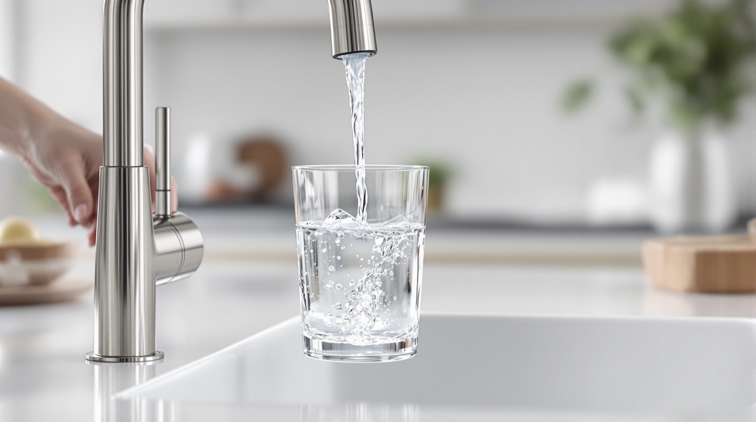 A clear drinking glass being filled with water from a slim brushed-nickel filtered-water faucet at a white kitchen sink