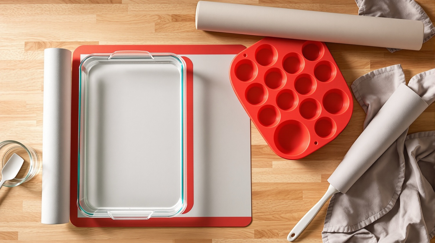 Overhead view on a light oak kitchen counter of a red silicone muffin mould, a rolled silicone baking mat, a clear glass baking dish and a white silicone spatula in soft natural light