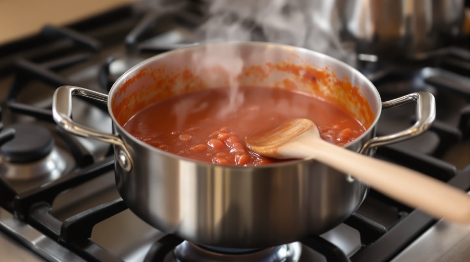A brushed stainless steel saucepan of red tomato sauce simmering on a gas stovetop with a wooden spoon resting in it and steam rising