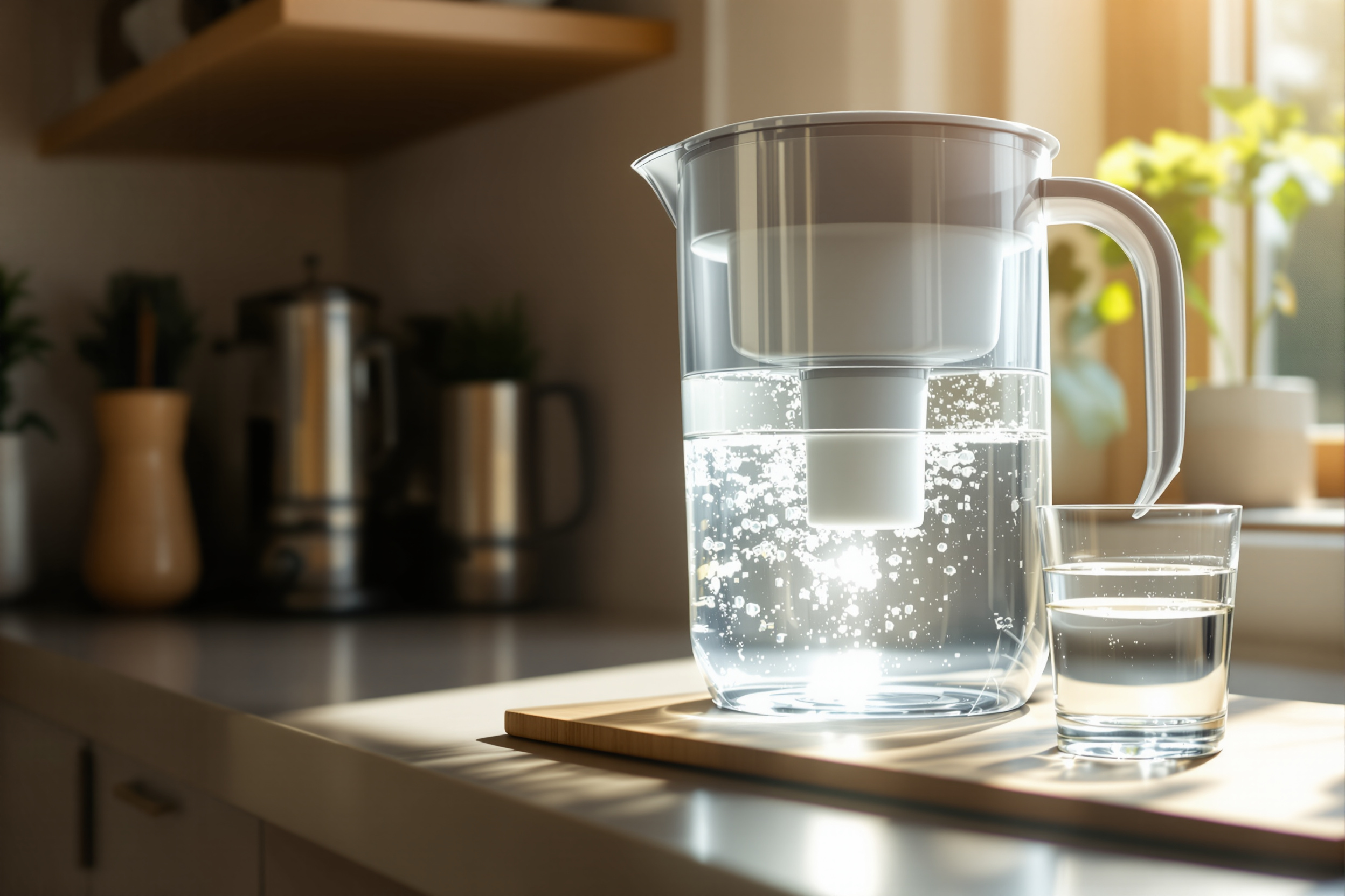 A water filter pitcher on a sunlit kitchen counter next to a clear glass of filtered water