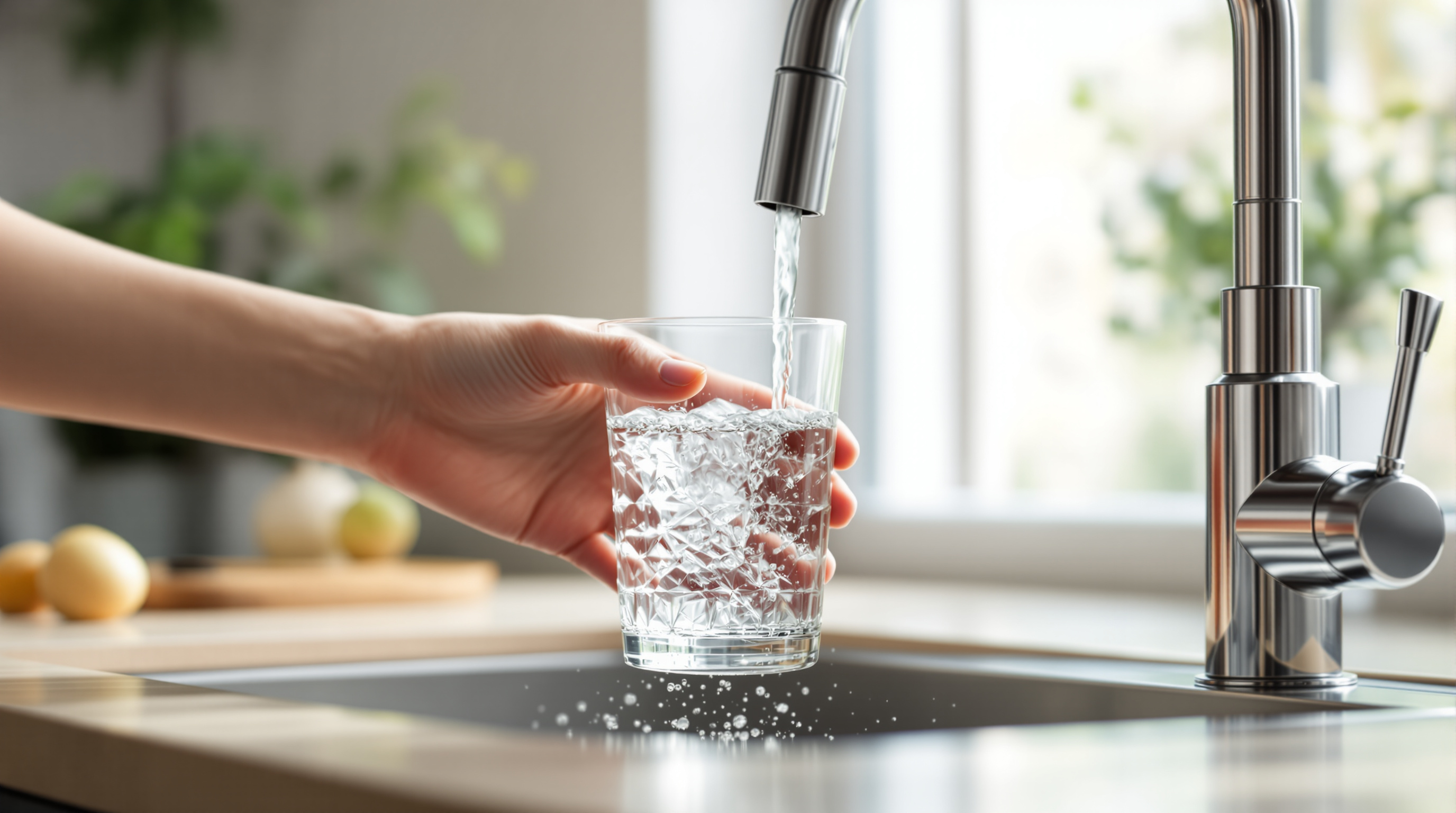A clear glass of water being filled from a stainless steel kitchen tap in soft natural light