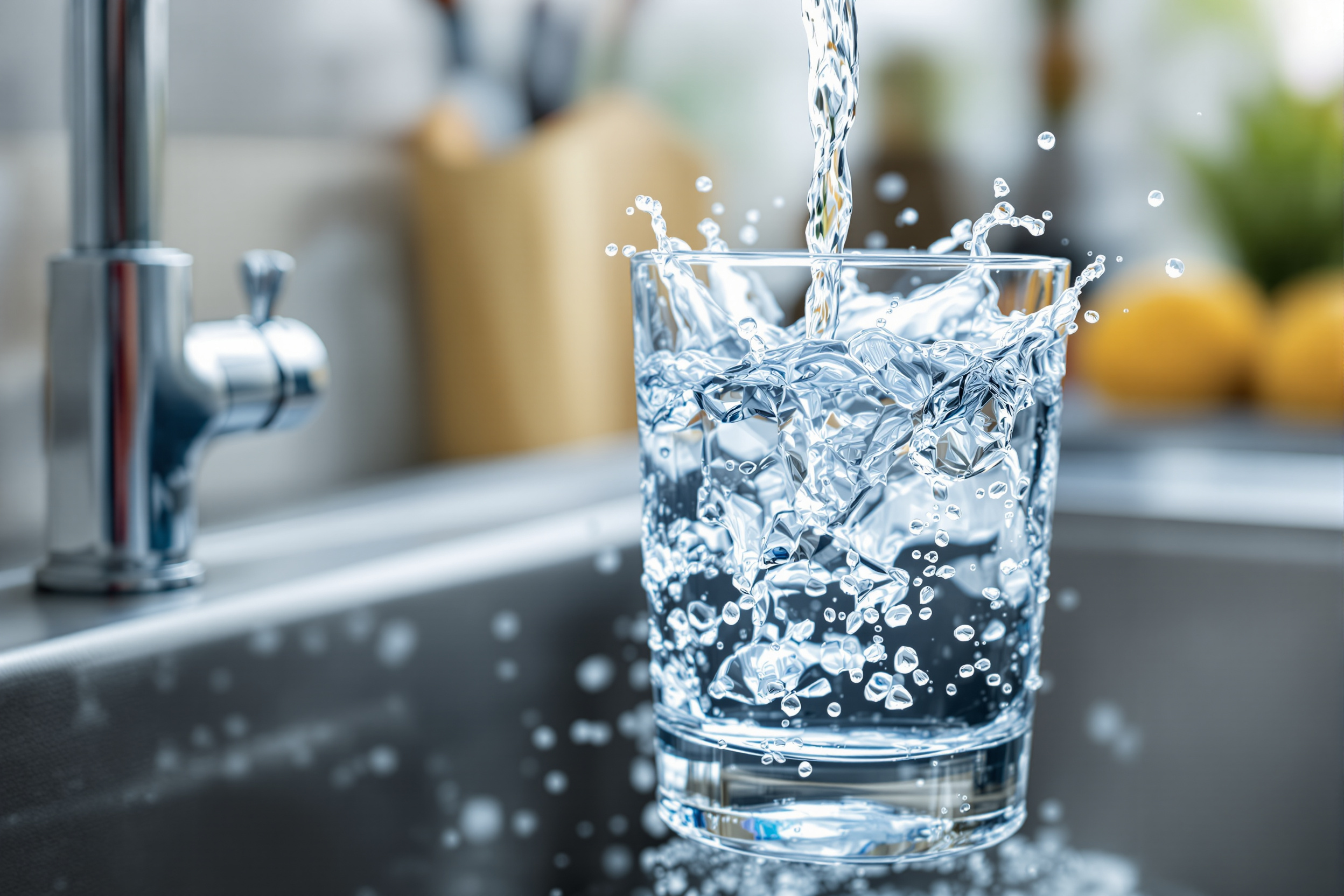 Close-up of tap water pouring into a clear glass over a kitchen sink with visible droplets and splash