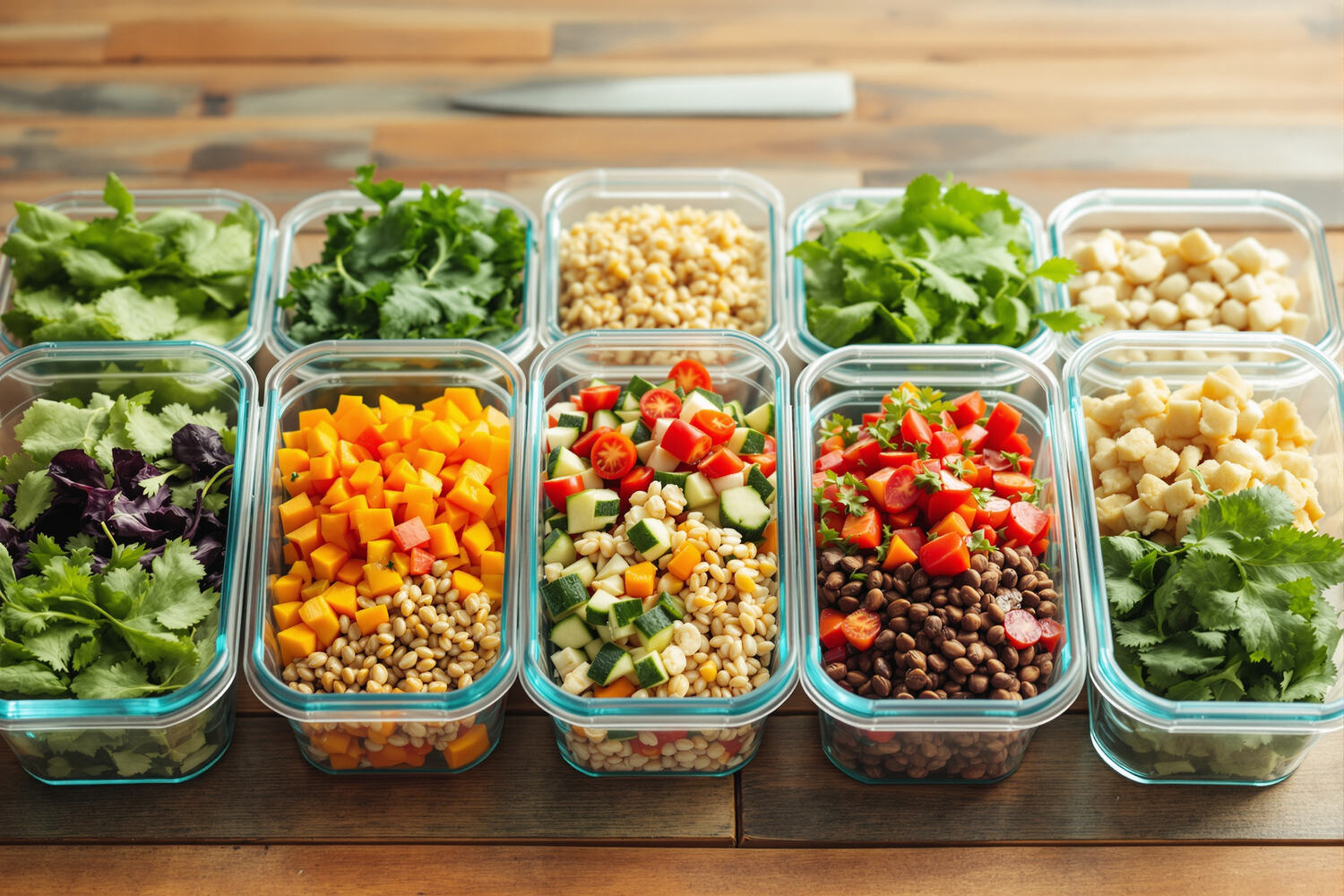 Glass meal-prep containers filled with colorful chopped vegetables, grains, lentils and greens arranged in a row on a wooden table