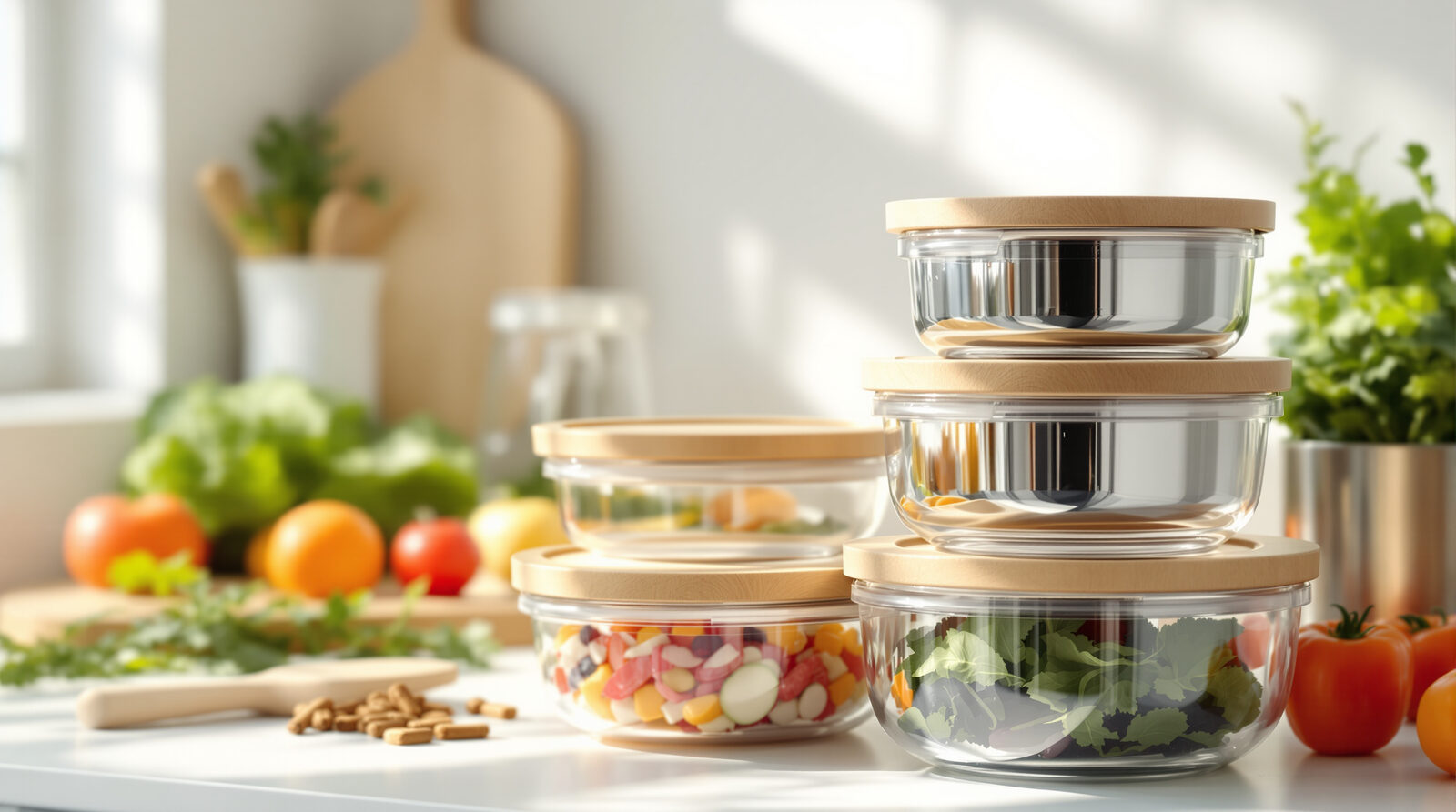 A stack of clear glass food storage containers with bamboo lids on a sunlit kitchen counter beside fresh vegetables