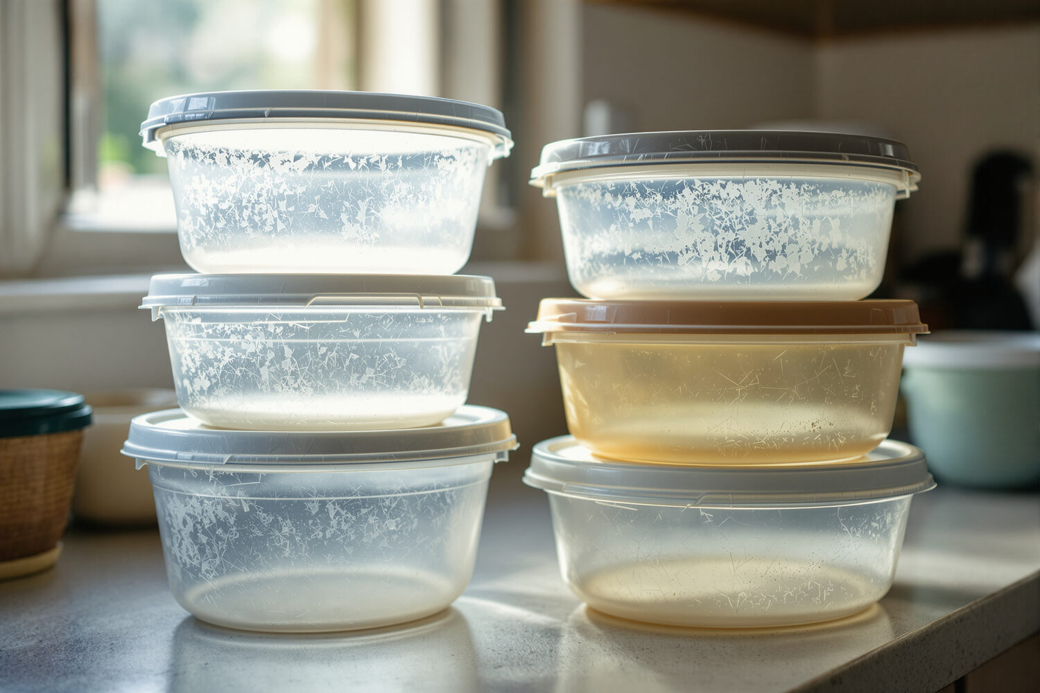 A stack of old, scratched and cloudy translucent plastic food storage containers with worn surfaces on a kitchen counter