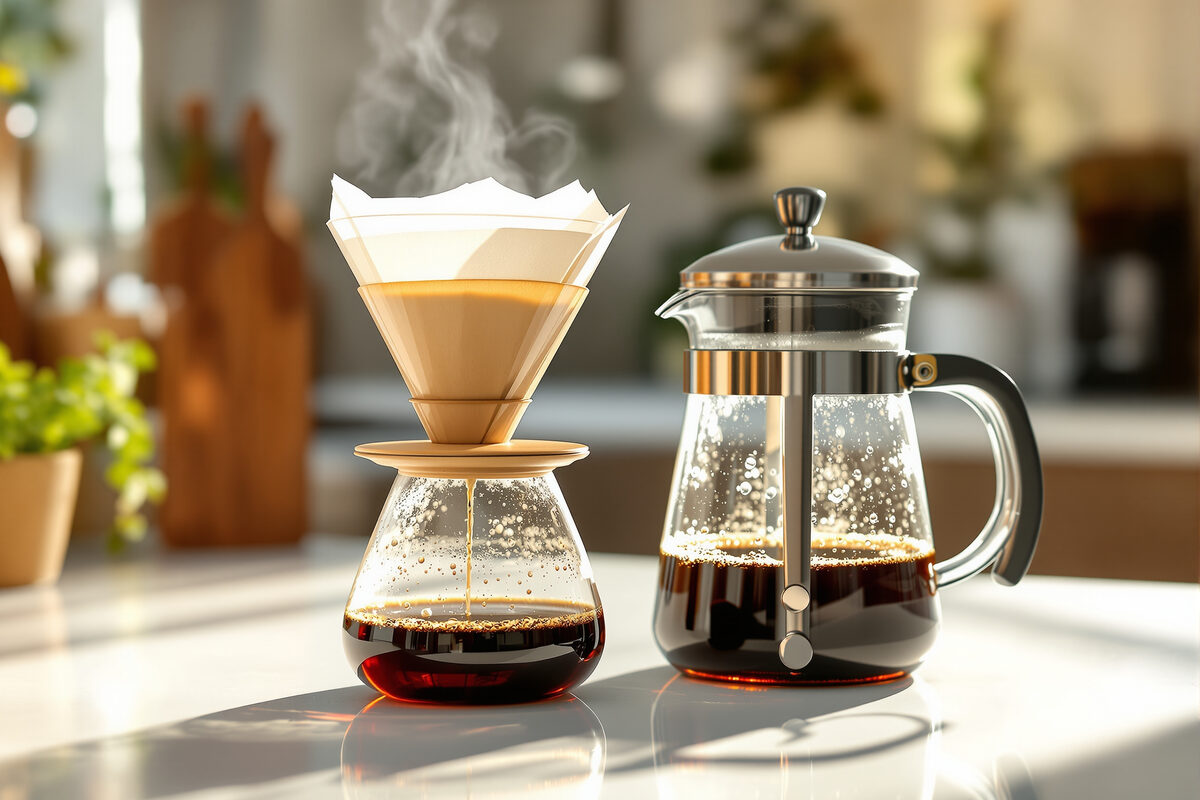 A glass pour-over coffee dripper with a paper filter beside a clear French press, both brewing fresh coffee with steam rising on a bright kitchen counter