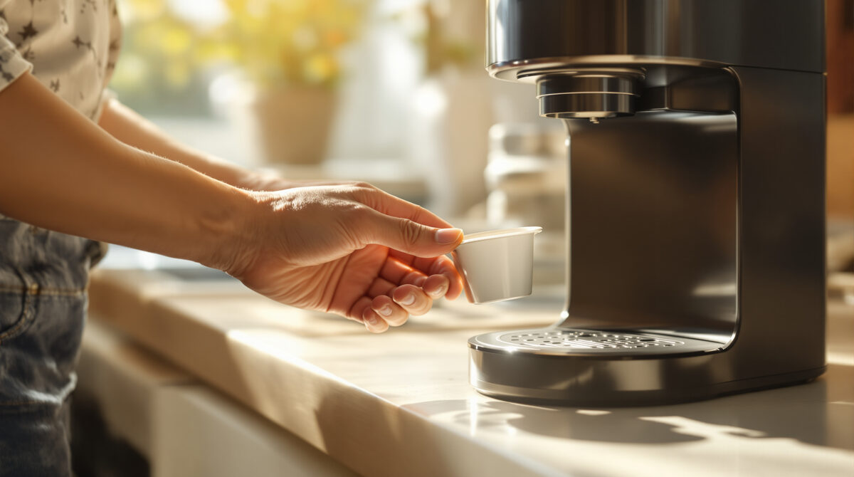 A hand placing a single-serve plastic coffee pod into a stainless steel single-cup coffee machine on a sunlit kitchen counter