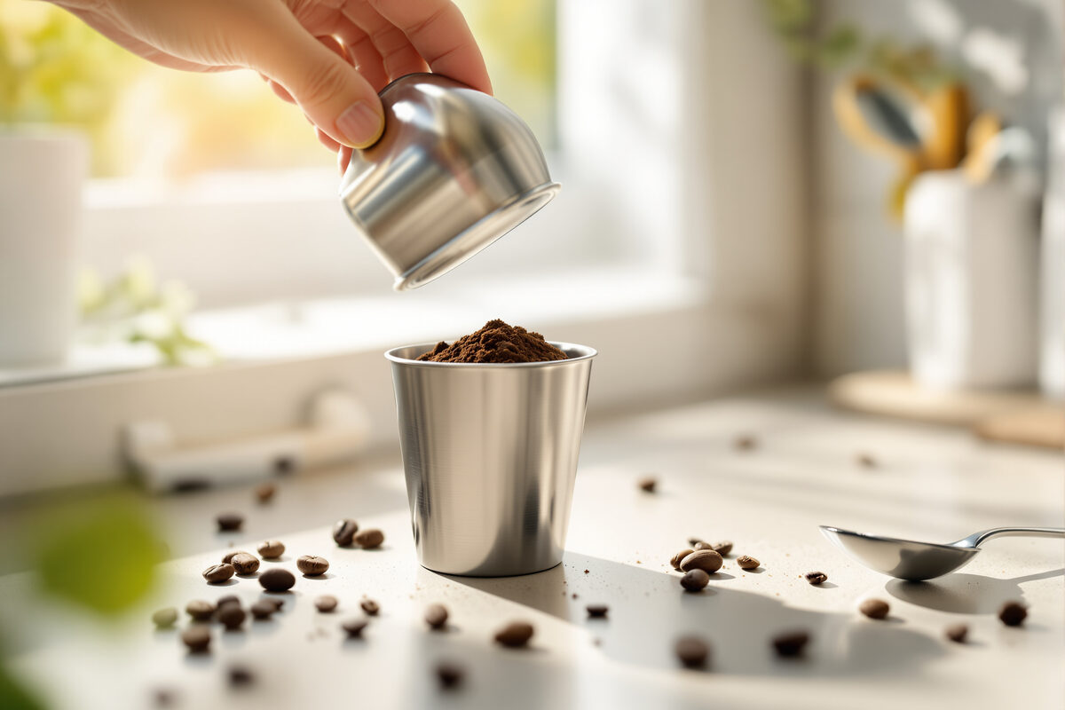 A hand holding a stainless steel reusable coffee pod above a second refillable metal pod filled with fresh ground coffee, coffee beans and a spoon on a sunlit kitchen counter