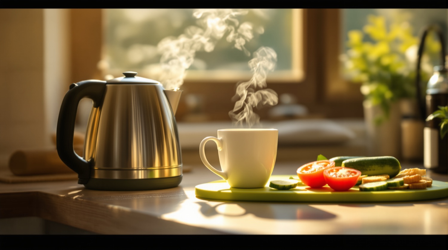 A modern kitchen counter in warm morning light with a plastic-bodied electric kettle steaming beside a mug holding a pyramid tea bag and a plastic cutting board with sliced vegetables