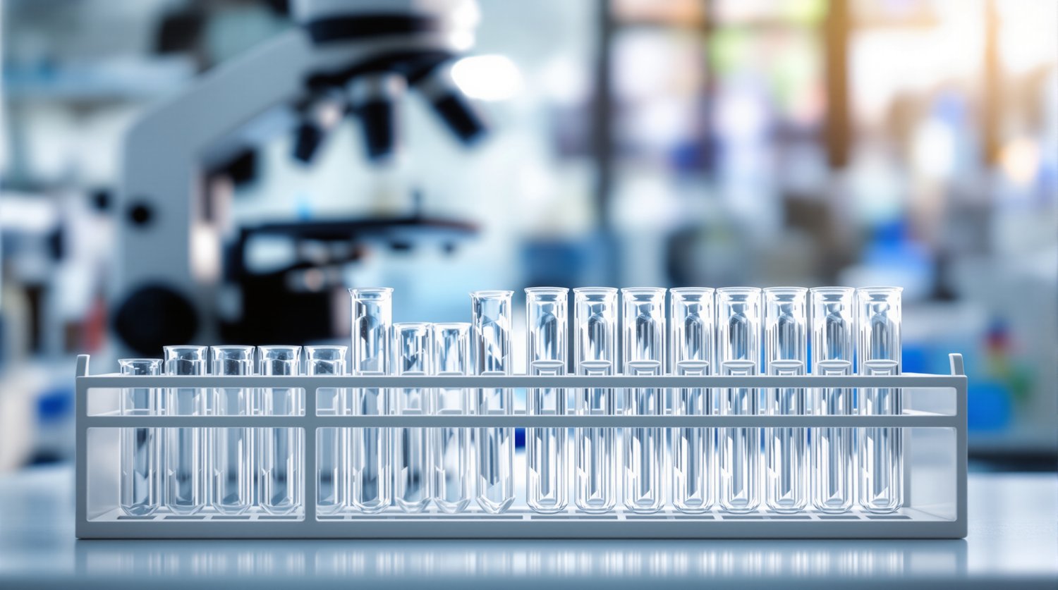 A rack of clear glass test tubes on a lab bench in front of a microscope in a modern medical research laboratory in soft natural light