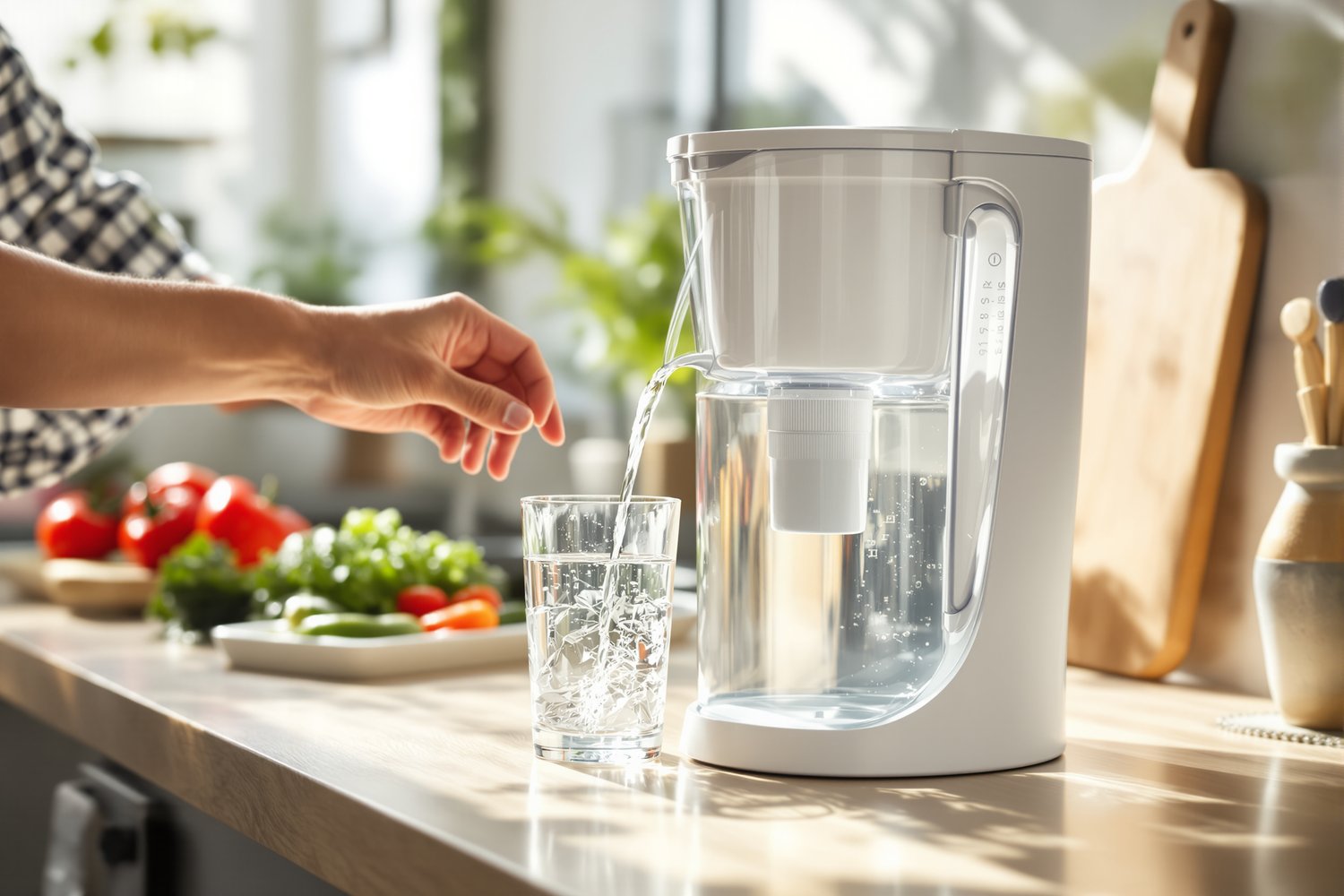 A clear glass of water being filled from a countertop water filter pitcher on a sunlit kitchen counter with fresh vegetables nearby