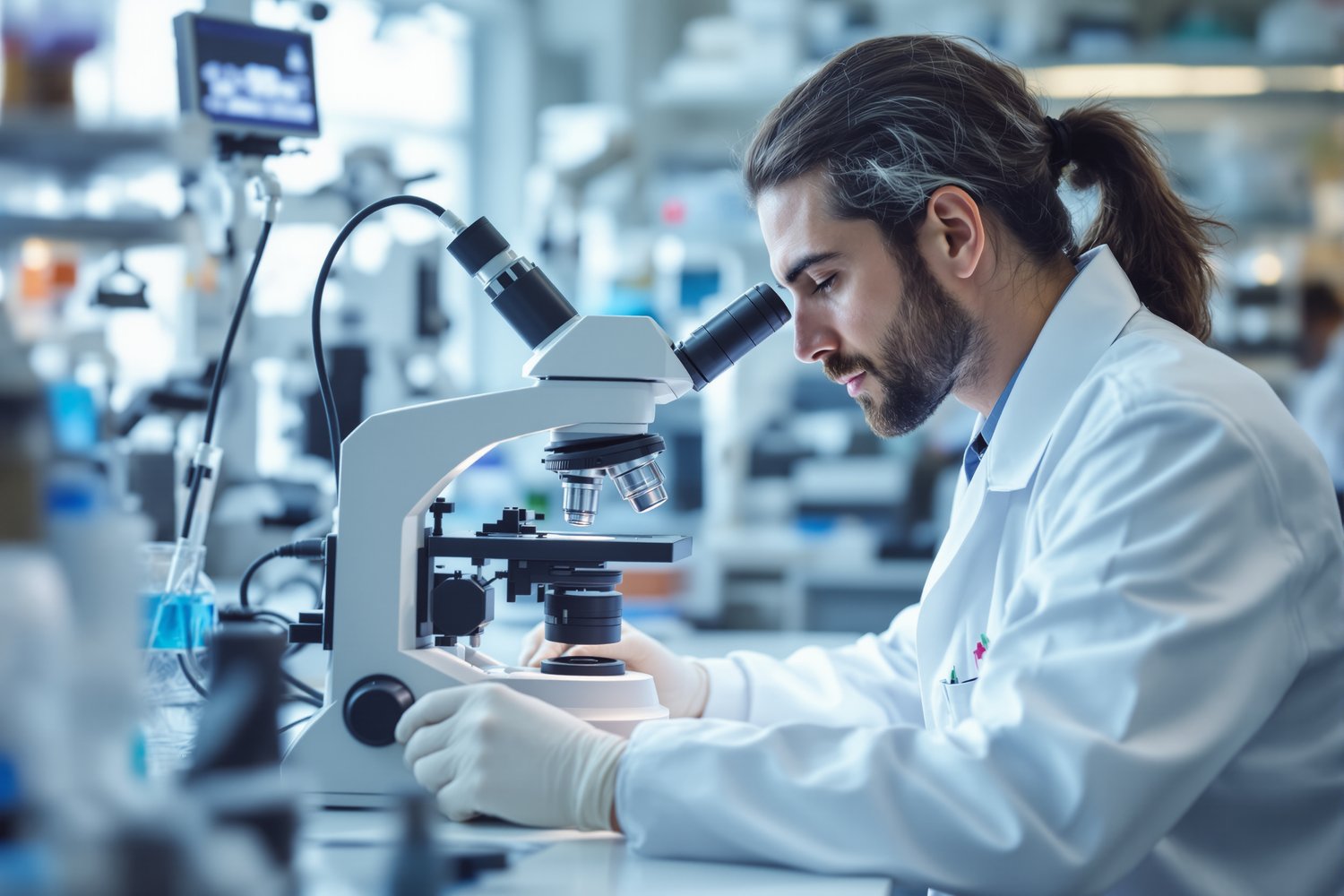 A scientist in a white lab coat examining a tissue sample slide under a microscope in a modern clinical research laboratory