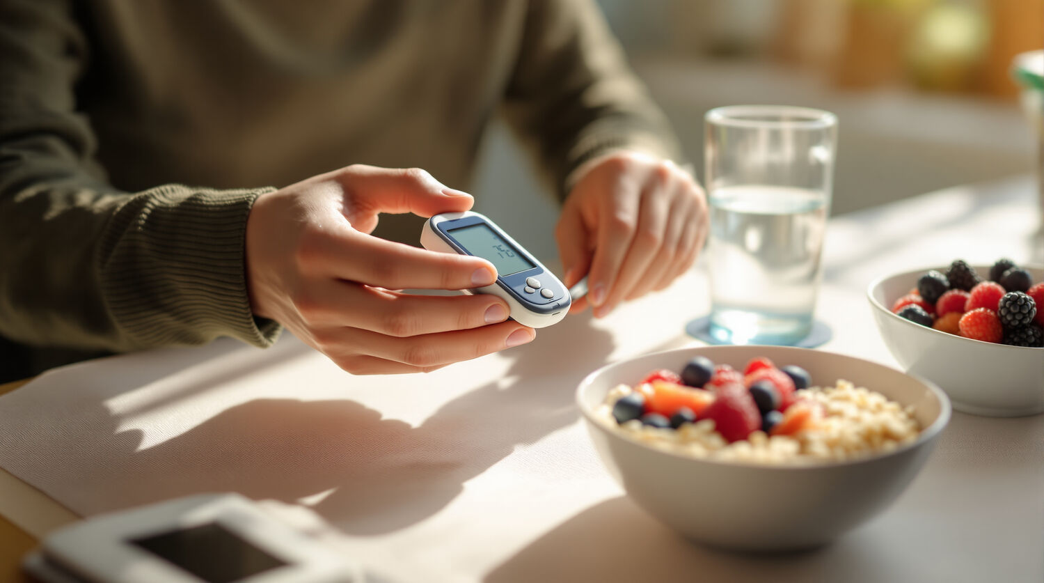 A person checking their blood sugar with a handheld glucose meter at a sunlit kitchen table beside a glass of water and a bowl of oatmeal topped with fresh berries