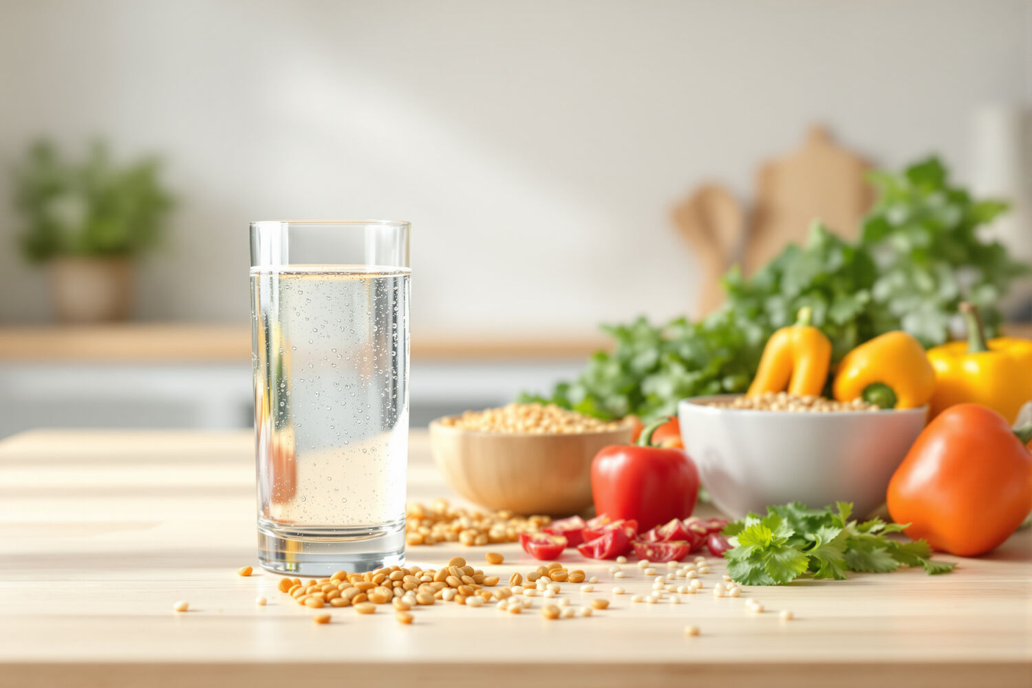 A tall glass of clear filtered water beside fresh vegetables and whole grains on a light wooden kitchen counter in bright daylight
