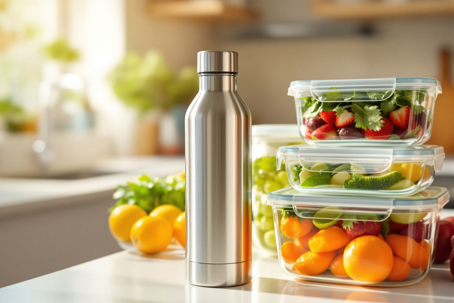 A stainless steel reusable water bottle beside clear glass food storage containers filled with fresh fruit and vegetables on a bright kitchen countertop