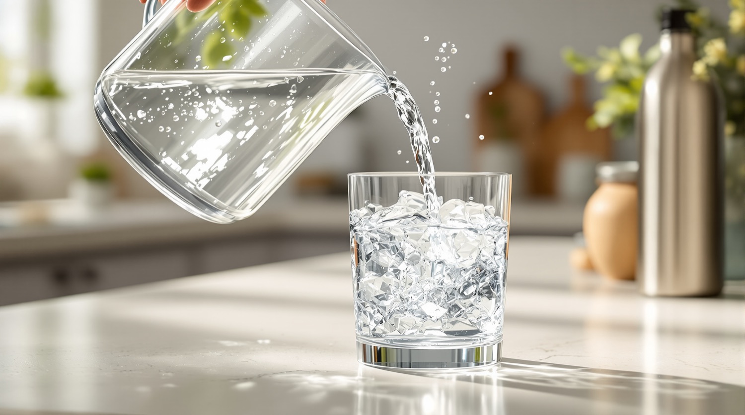 Filtered water being poured from a clear glass pitcher into a drinking glass on a light stone kitchen counter, with a stainless steel bottle behind it