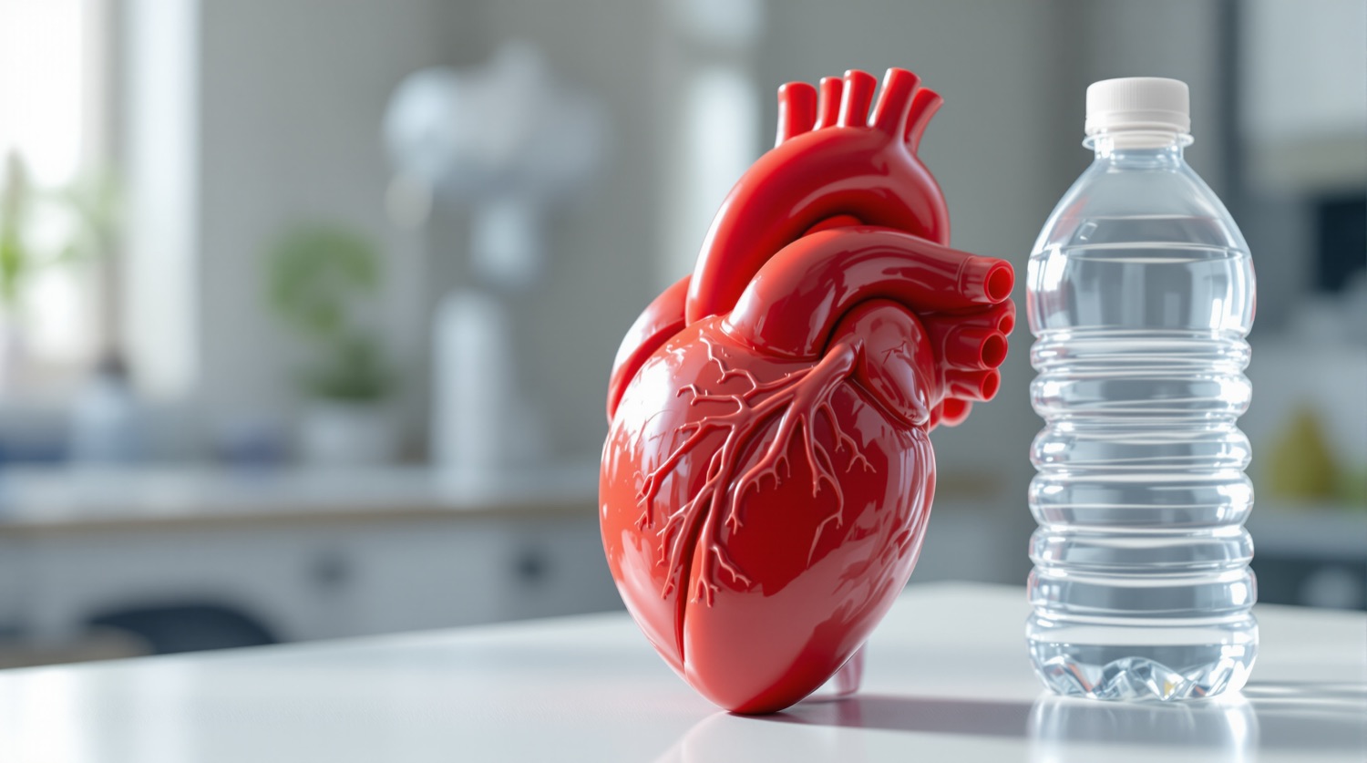 A red anatomical human heart model standing on a white clinic desk beside a clear single-use plastic water bottle in bright daylight