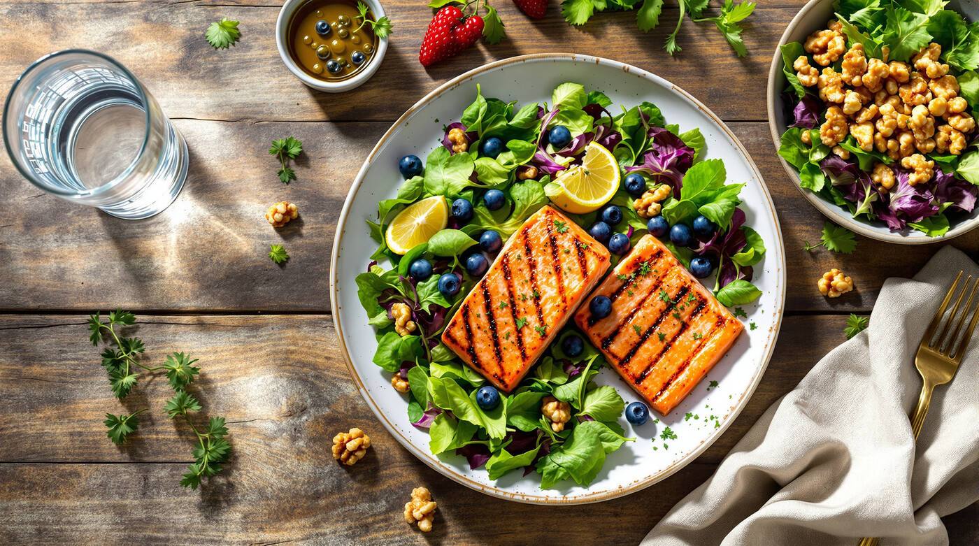 An overhead anti-inflammatory meal of grilled salmon on mixed leafy greens with blueberries, walnuts and lemon beside a glass of water and a bowl of olive oil on a rustic wooden table