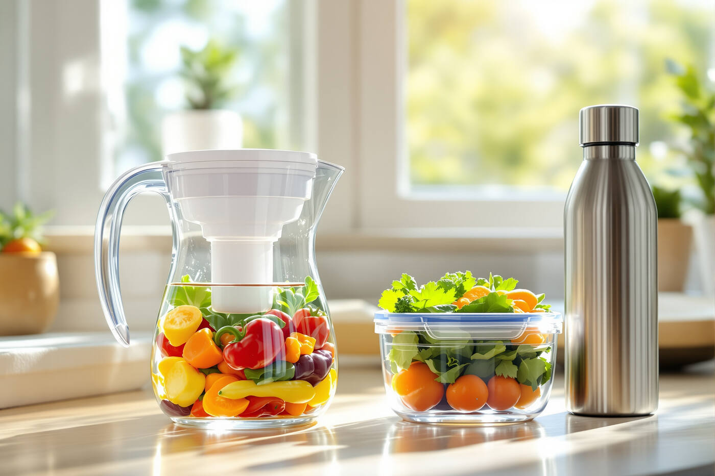 A clear glass water filter pitcher, a glass food storage container of fresh vegetables and a stainless steel water bottle on a sunlit kitchen counter