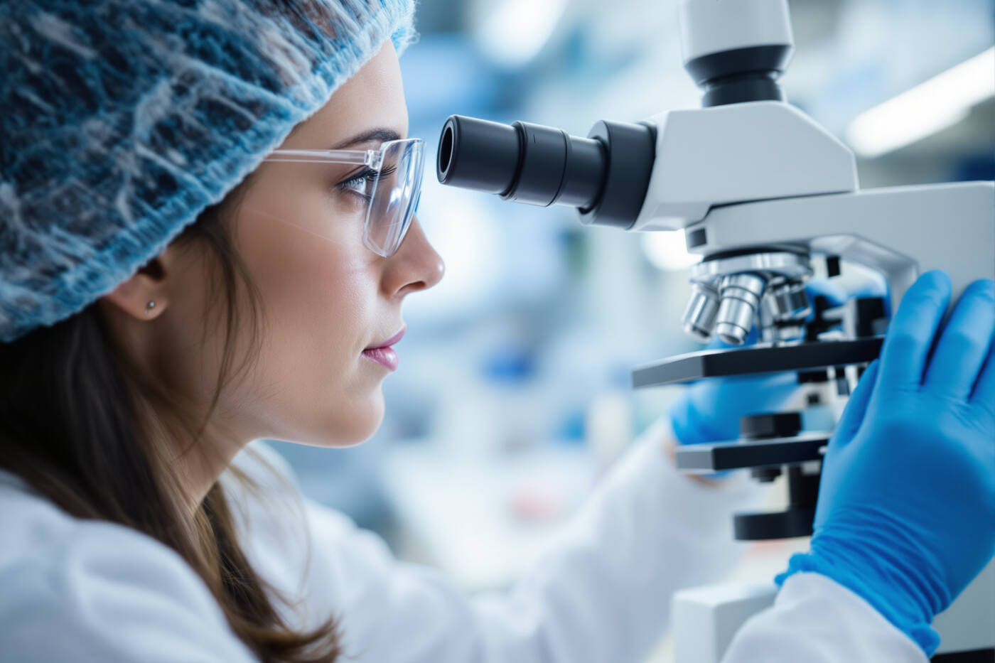 A researcher in a lab coat and blue nitrile gloves looking into a laboratory microscope in a bright modern research lab