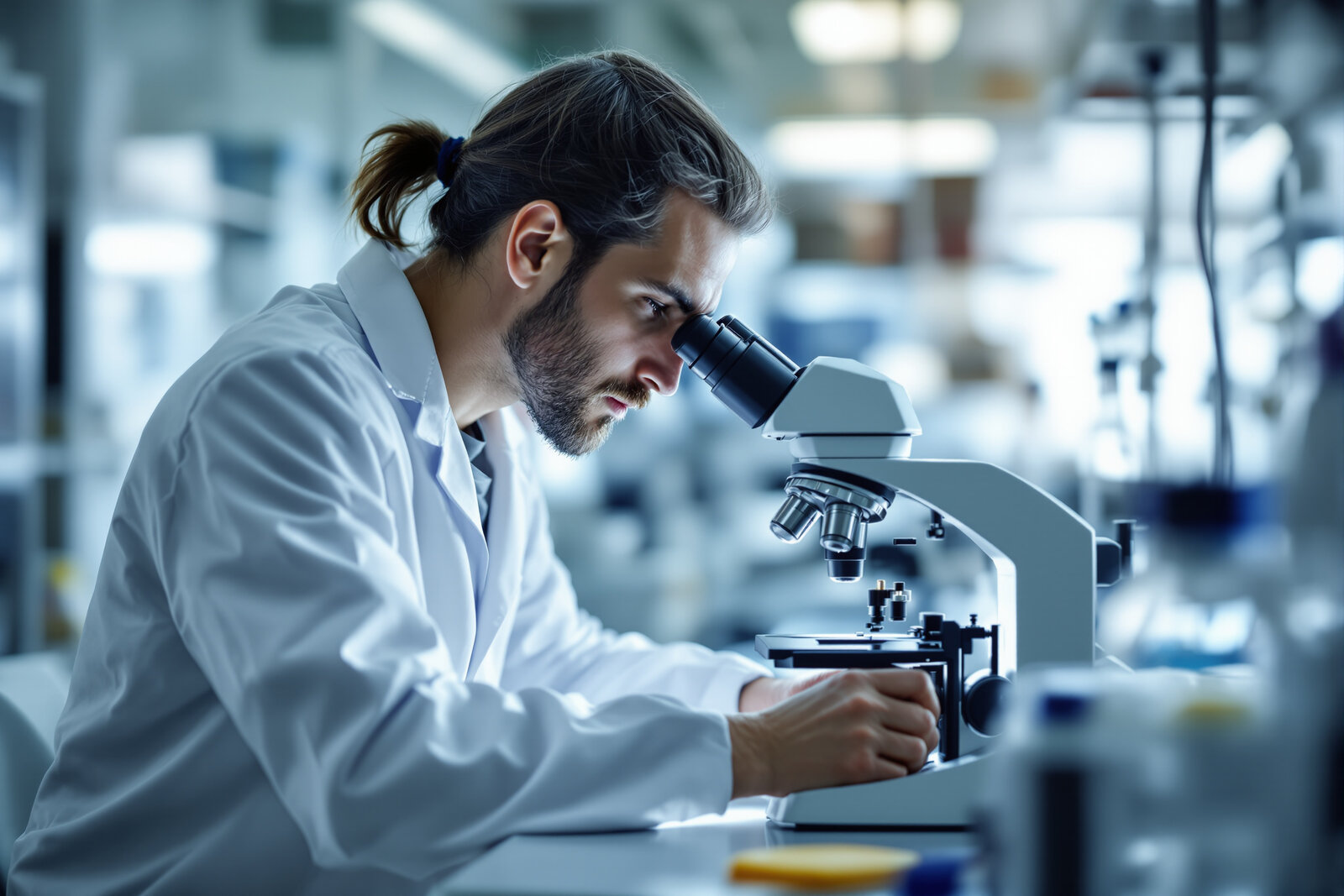 A researcher in a white lab coat examining a sample through a microscope in a bright modern research laboratory