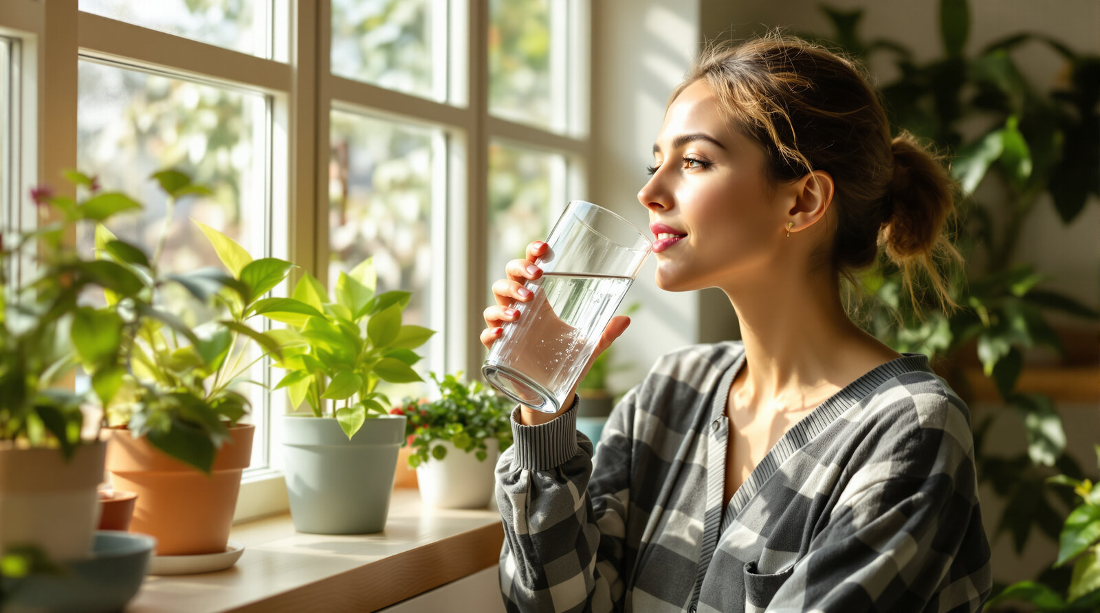 A healthy young woman drinking a tall glass of clear filtered water beside a sunlit window lined with green houseplants in a bright kitchen