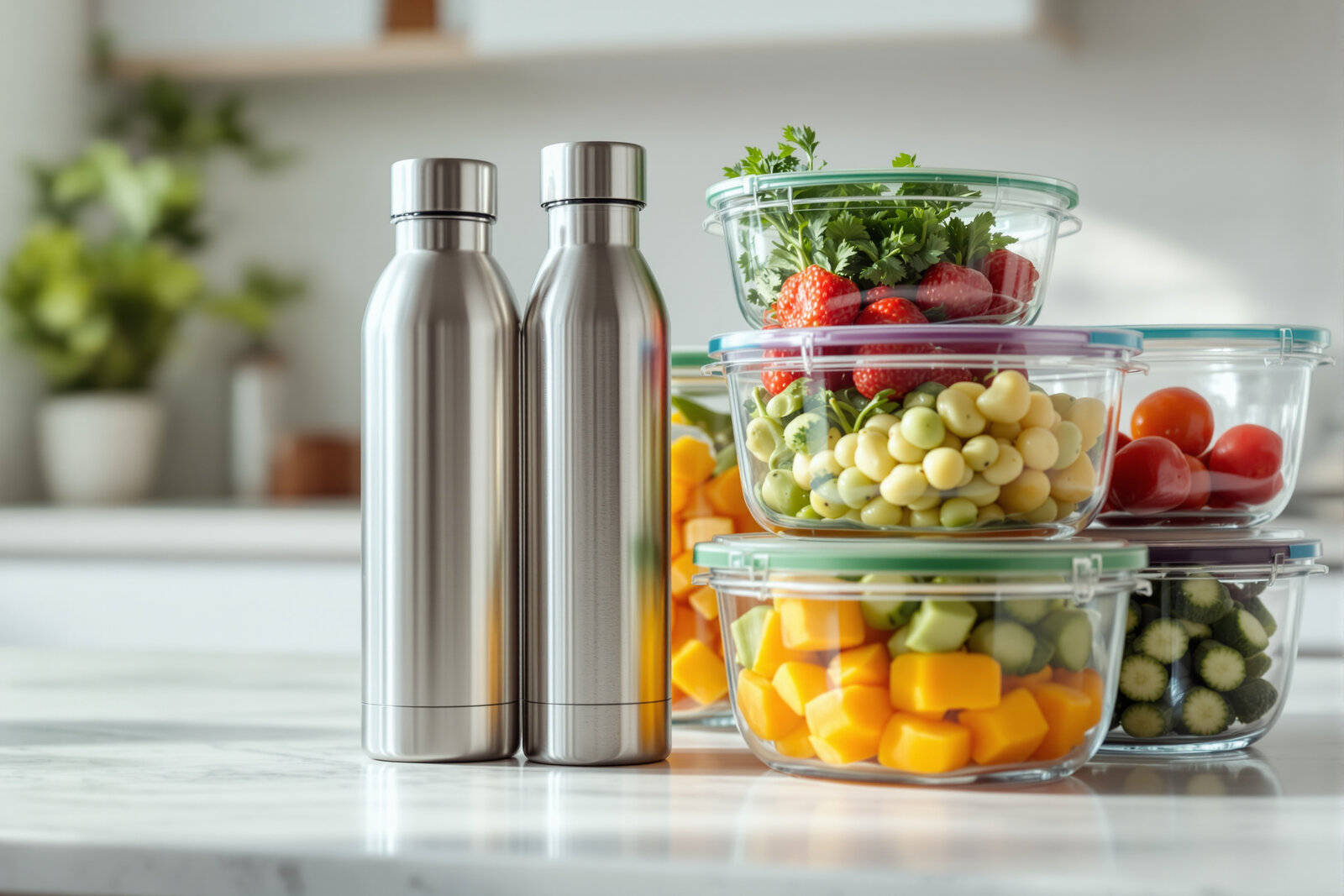 A pair of stainless steel reusable water bottles beside clear glass food storage containers filled with fresh fruit and vegetables on a bright kitchen counter