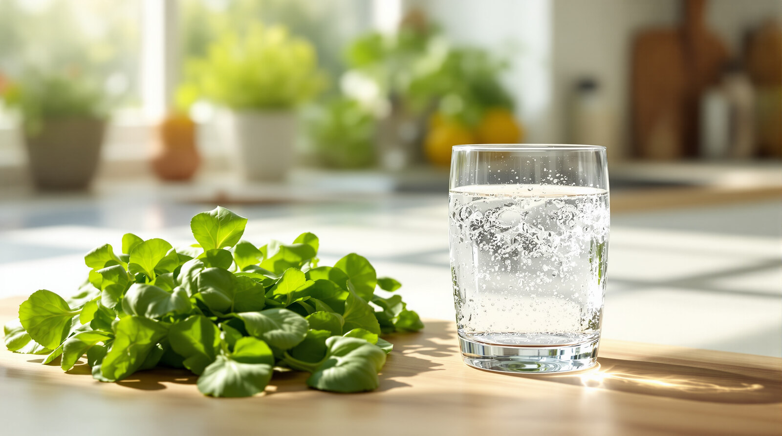 A tall glass of clear filtered water beside a bunch of fresh green leafy vegetables on a wooden kitchen counter in bright natural morning light