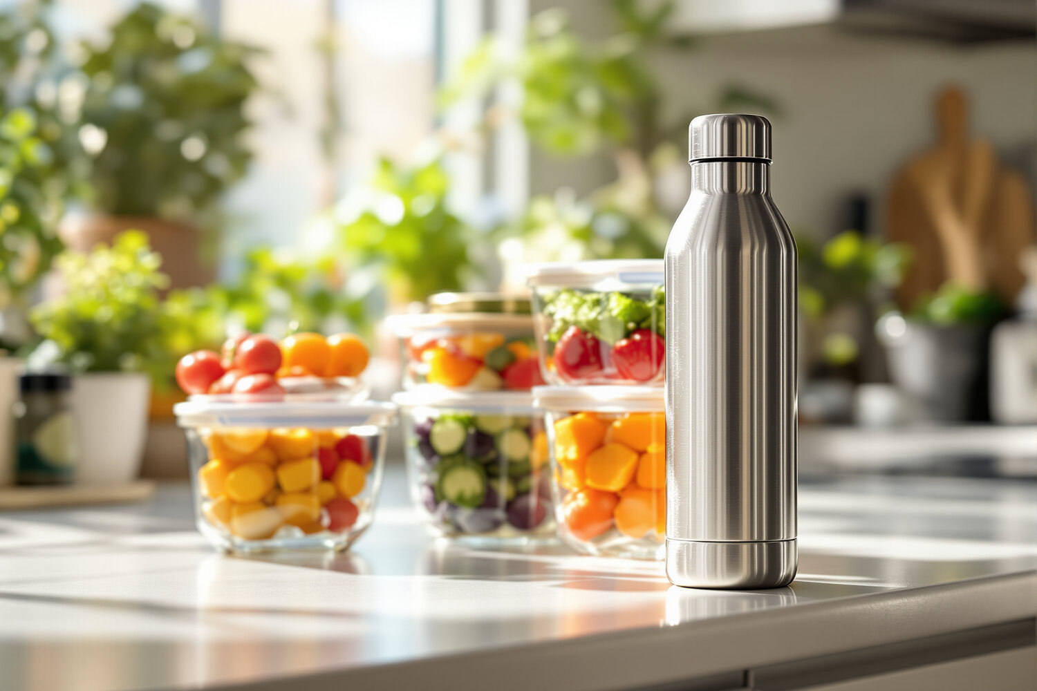 A stainless steel reusable water bottle beside clear glass food storage containers filled with fresh colorful vegetables on a bright sunlit kitchen counter