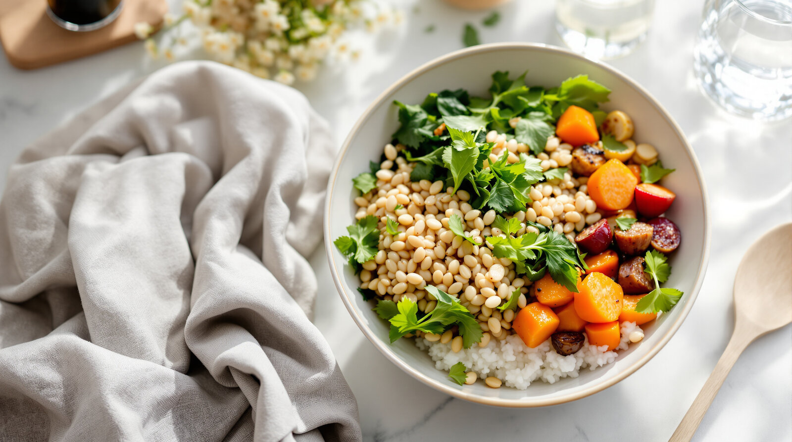 A nourishing balanced bowl of whole grains, leafy greens and roasted vegetables beside a glass of water and a wooden spoon on a sunlit kitchen counter