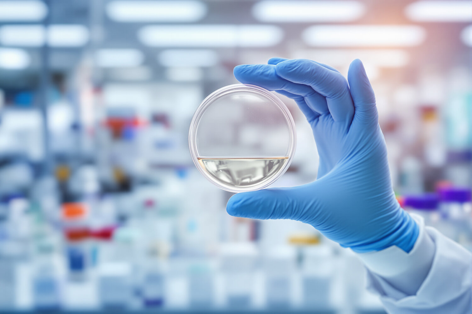A scientist wearing blue gloves holding a small clear petri dish with a liquid sample up to the light in a bright modern research laboratory