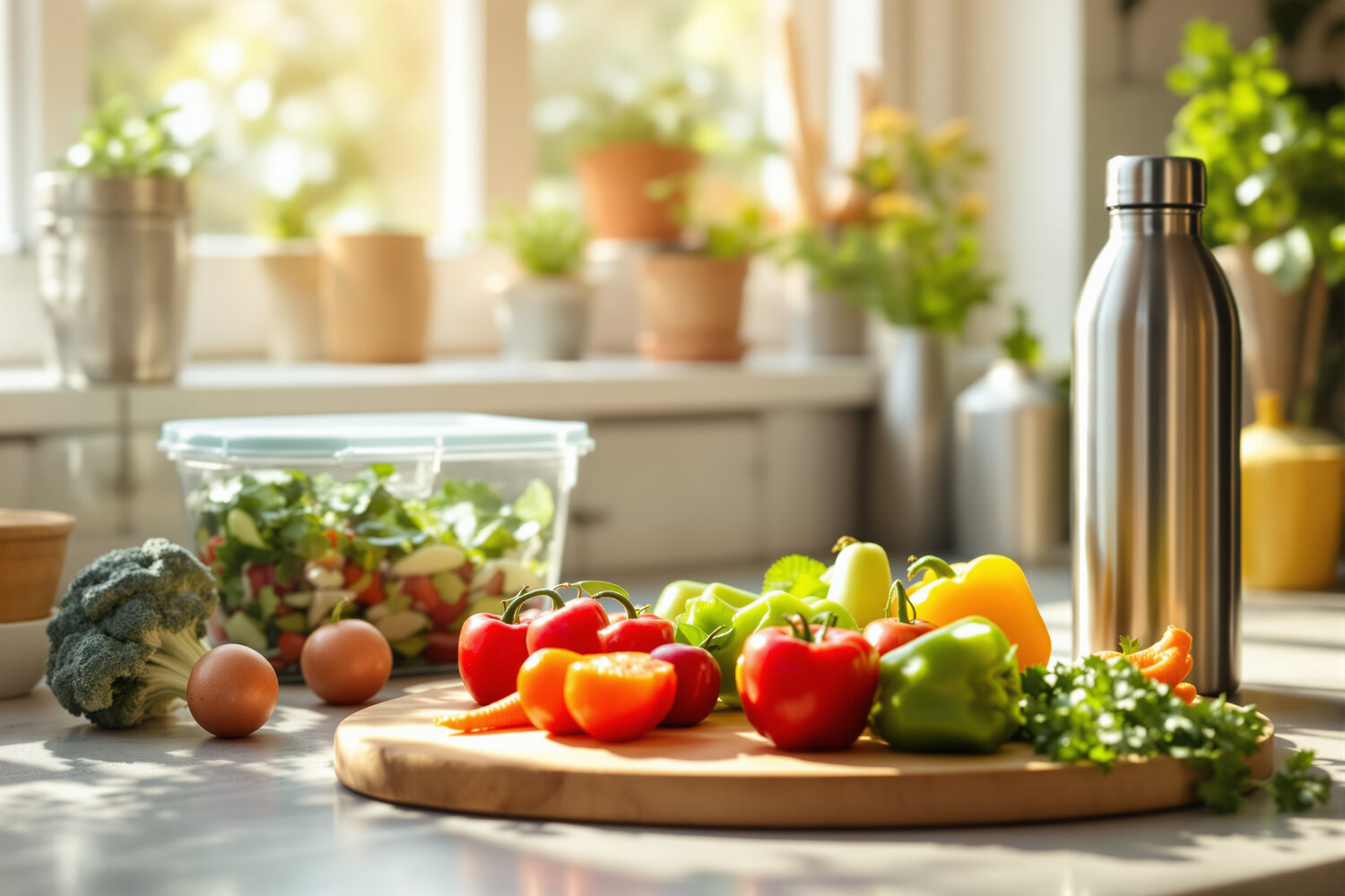 A wooden cutting board with fresh colorful vegetables beside a glass food storage container and a stainless steel water bottle on a sunlit kitchen counter