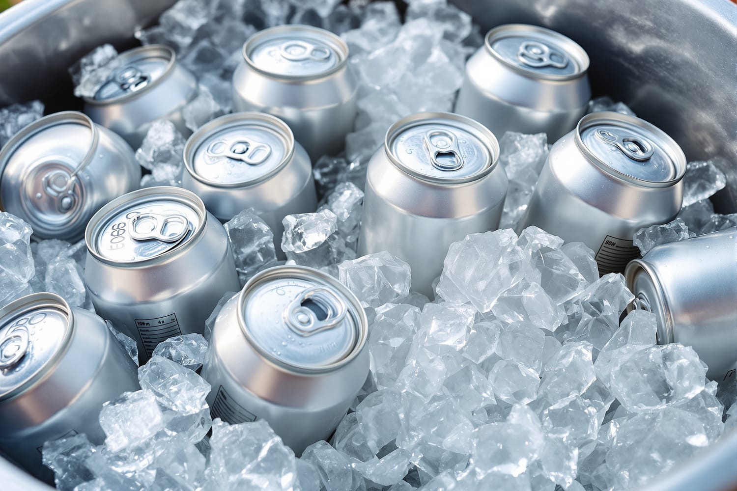 Plain unlabeled silver aluminum beverage cans chilling in a bed of crushed ice in a metal tub