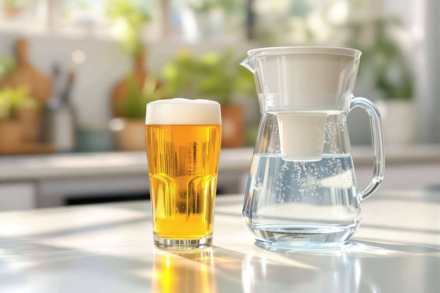 A clear glass water filter pitcher beside a full pint glass of golden beer on a sunlit kitchen counter