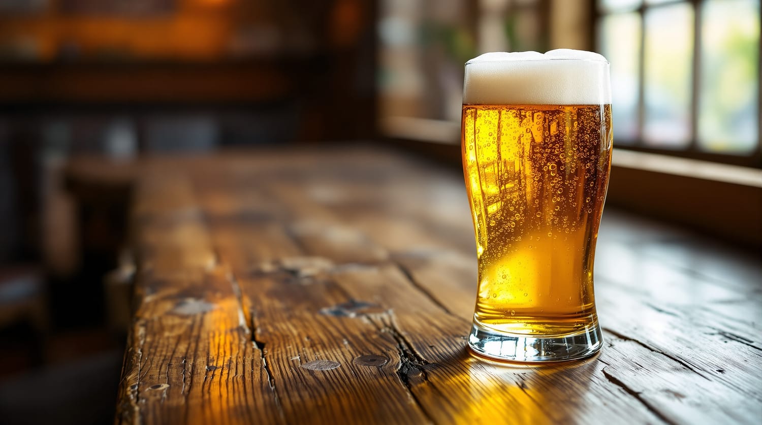A tall glass of golden lager beer with a frothy white head on a rustic wooden pub table in warm window light
