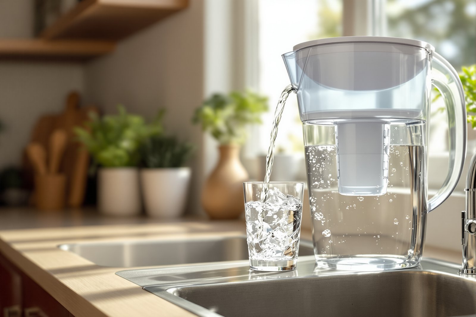 A clear glass of water being poured from a countertop water filter pitcher on a sunlit kitchen counter