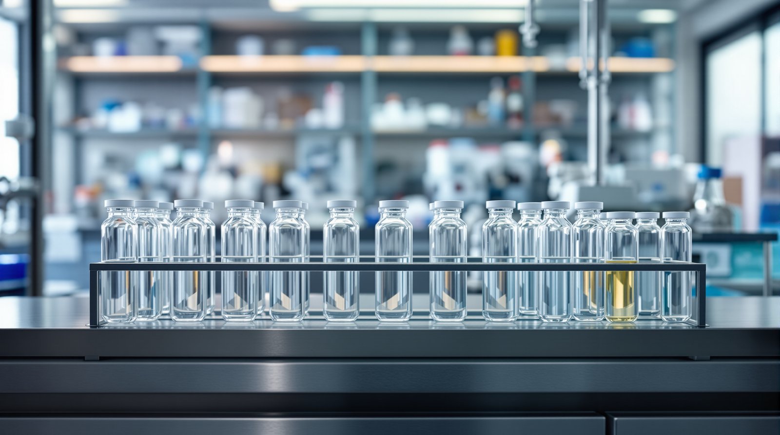 A rack of clear glass sample vials on a stainless steel bench in a modern medical research laboratory in soft natural light