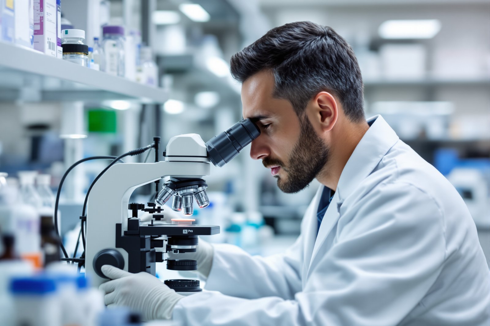 A scientist in a white lab coat examining a sample under a microscope in a modern medical research laboratory