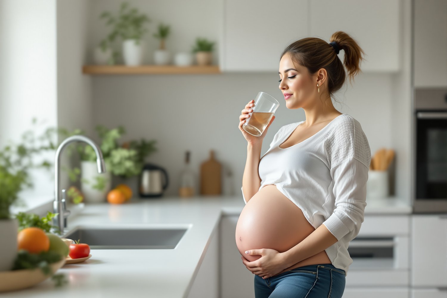 A pregnant woman drinking a glass of water at a bright kitchen counter with fresh fruit and vegetables nearby