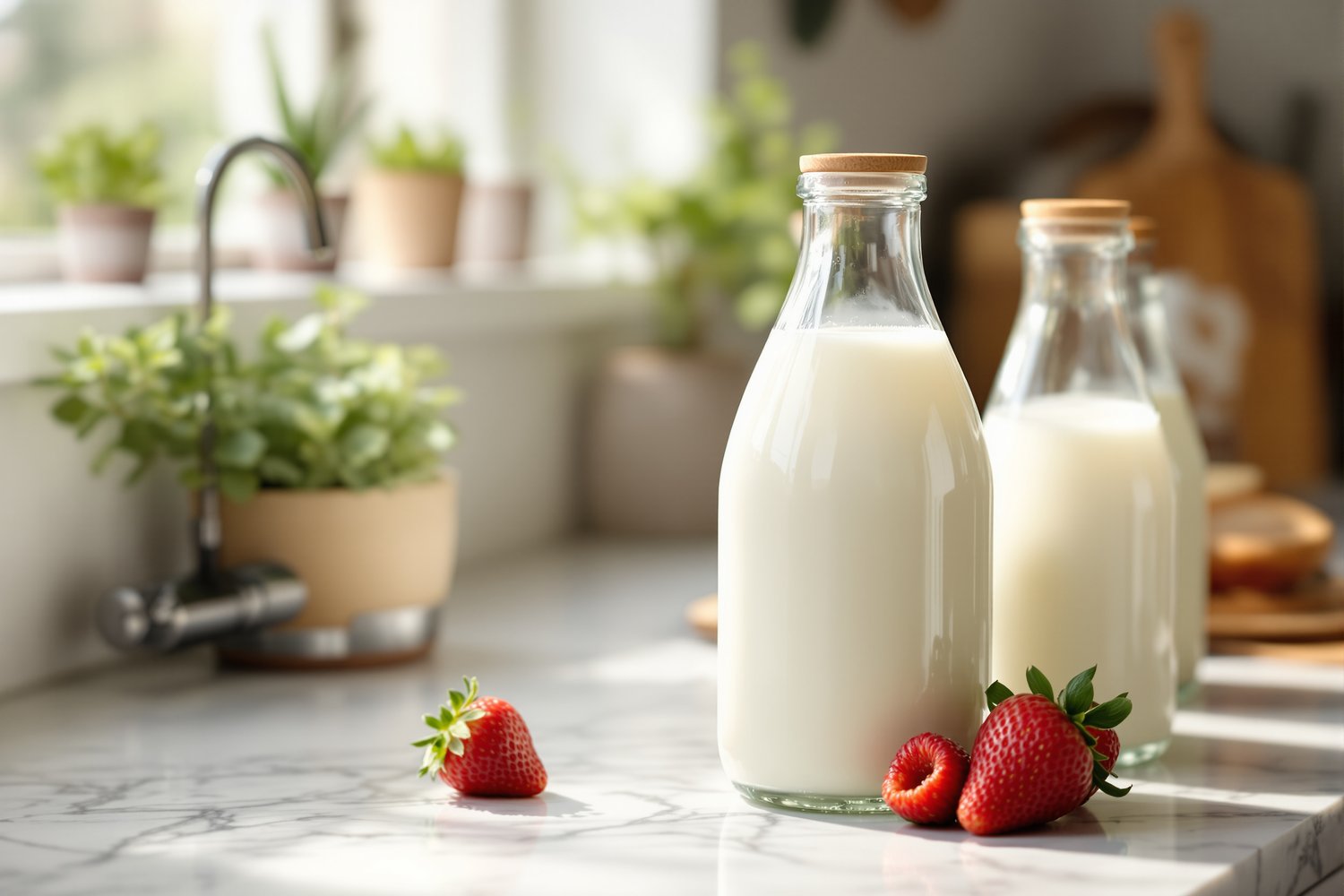 Clear glass milk storage bottles filled with milk on a marble kitchen counter in soft morning light with fresh strawberries beside them