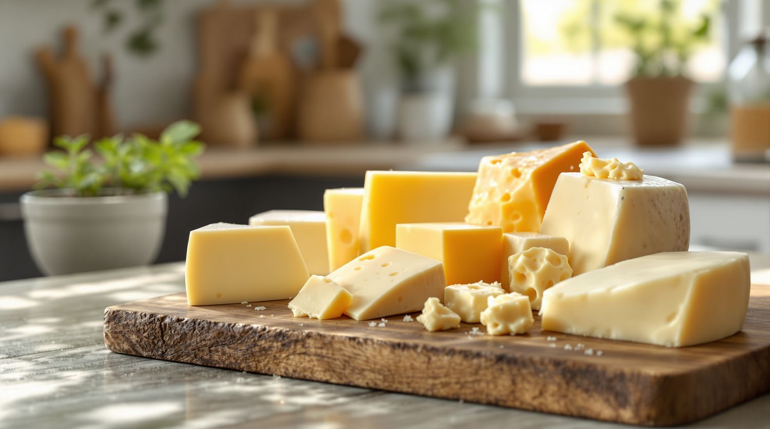 An assortment of cheese wedges and blocks on a rustic wooden board on a sunlit kitchen counter
