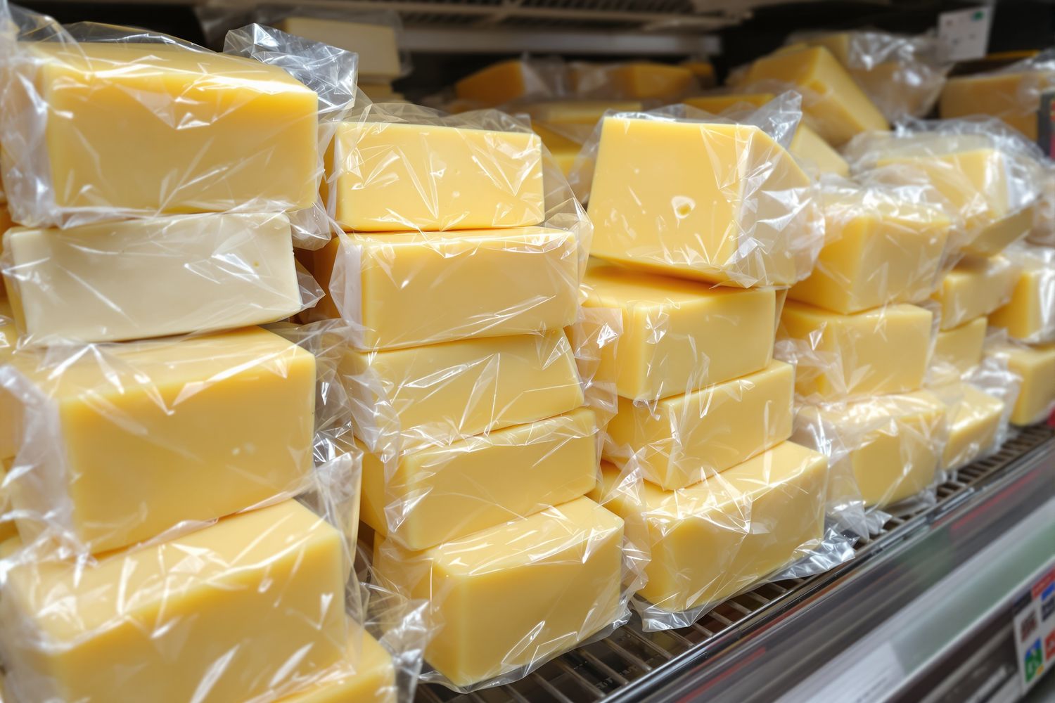 Blocks and wedges of cheese sealed in clear plastic shrink film stacked on a refrigerated grocery store shelf