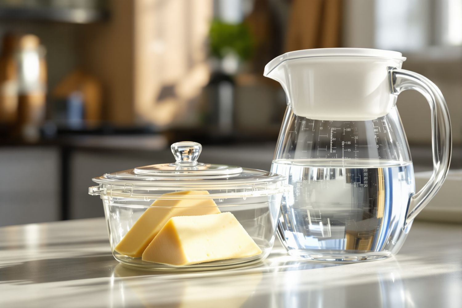 A wedge of cheese in a clear glass storage container with a glass lid beside a glass water filter pitcher on a sunlit kitchen counter