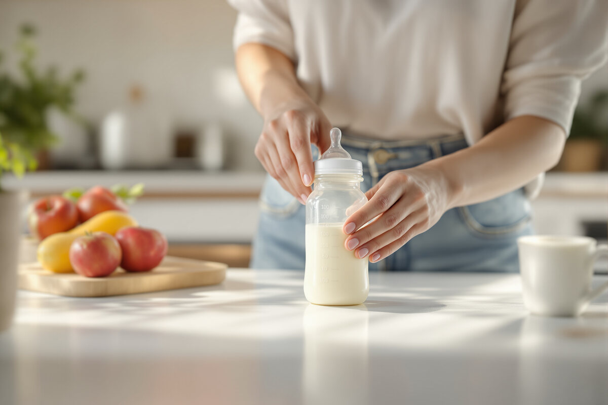A parent preparing a baby bottle of formula on a sunlit kitchen counter with fresh fruit on a wooden board nearby