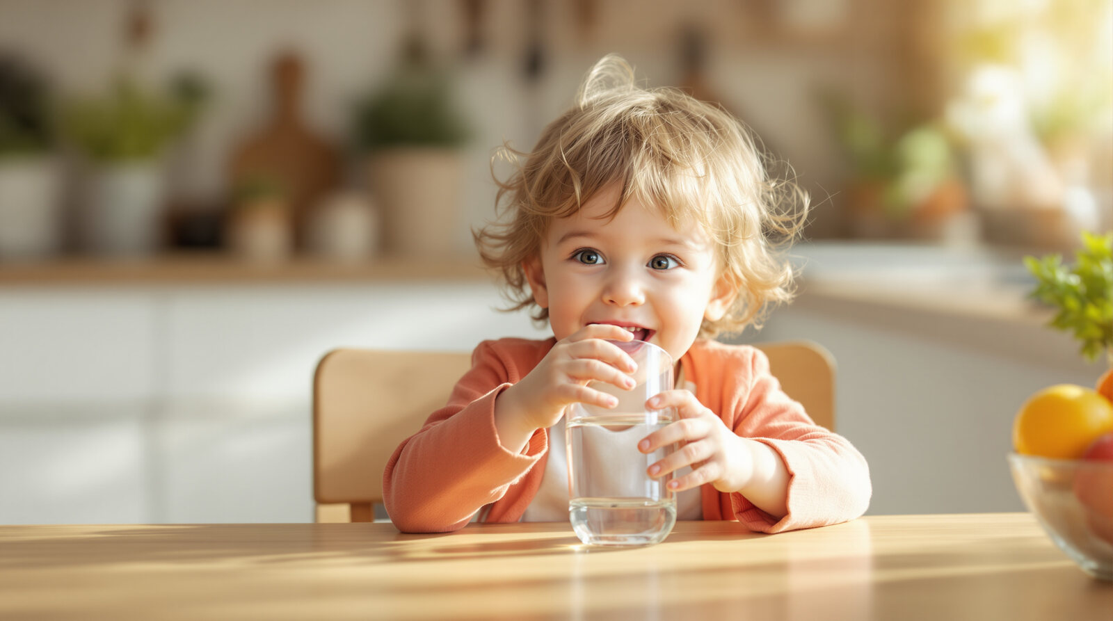A young child drinking a glass of water at a wooden table in a bright, sunlit kitchen with a bowl of fresh fruit nearby