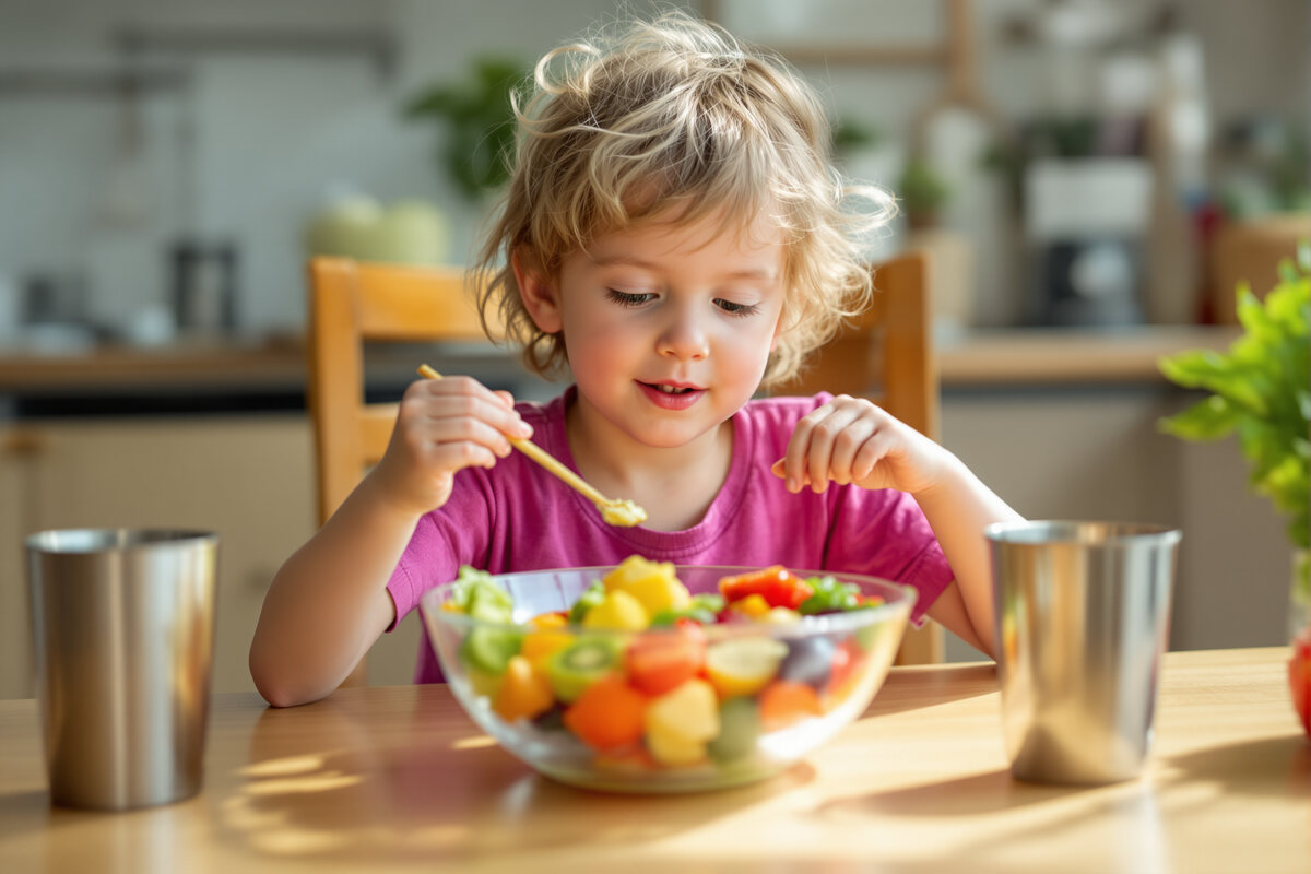 A young child eating fresh fruit and vegetables from a clear glass bowl at a sunlit table with stainless steel cups beside the plate