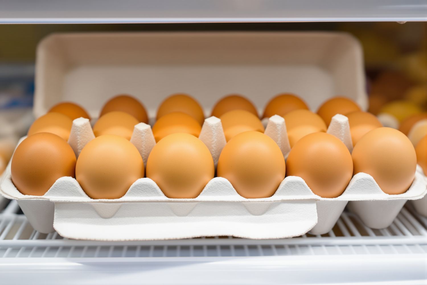 Two dozen brown chicken eggs resting in an open molded-pulp egg carton on a supermarket refrigerator shelf