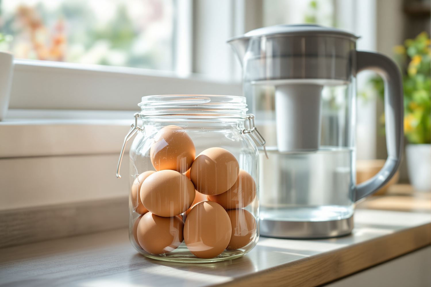 Fresh brown chicken eggs stored in a clear glass hinged-lid jar beside a clear water filter pitcher on a bright morning kitchen counter
