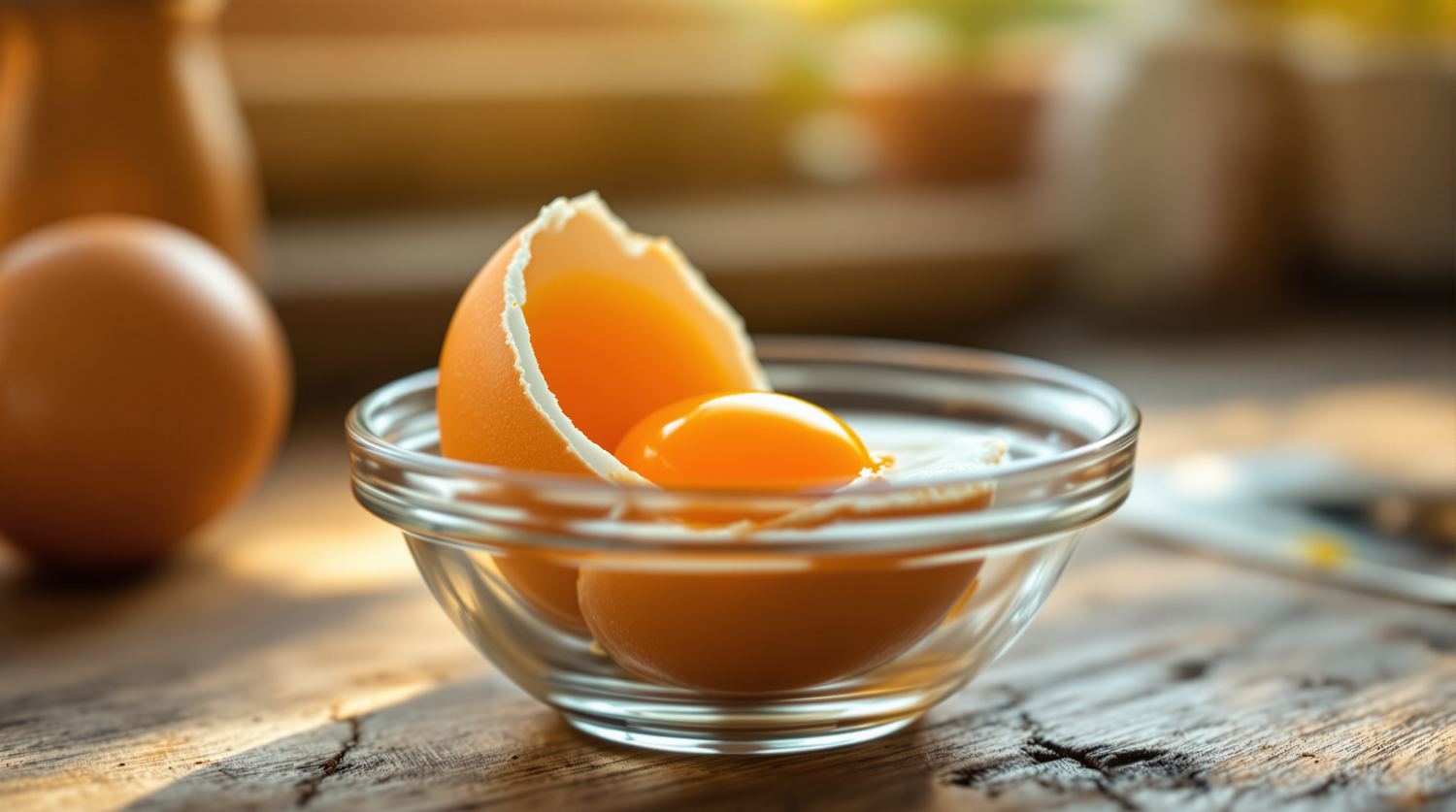 A cracked brown chicken egg with a bright orange yolk in a clear glass bowl on a rustic wooden kitchen counter in warm window light